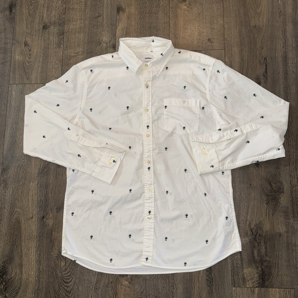 Sonoma Men's L Button Down Cotton Shirt Palm‎ Tree Island Resort Outdoor White